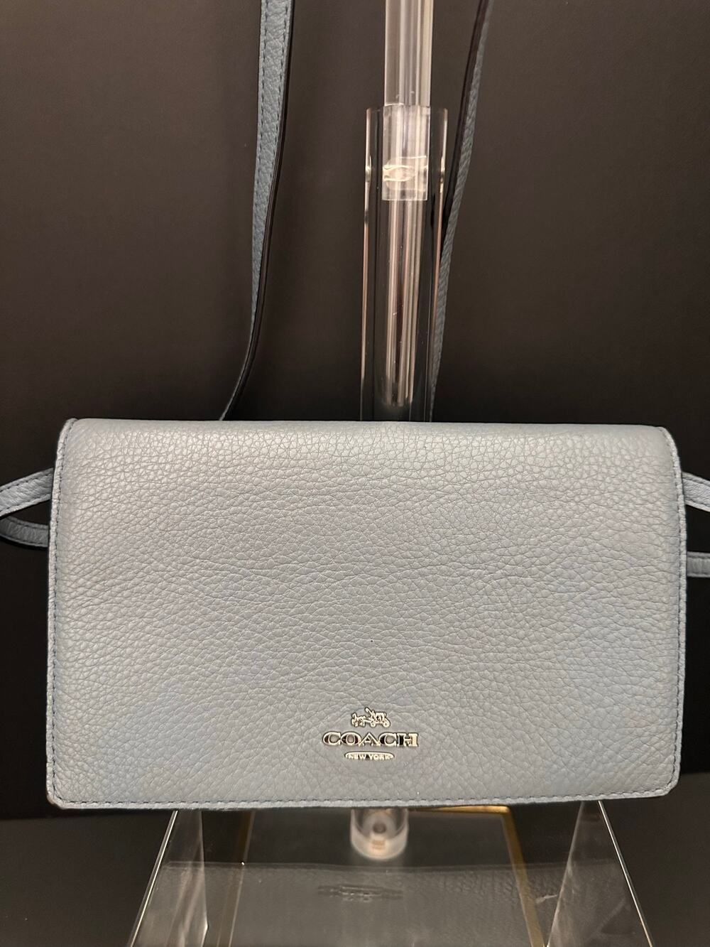 Coach Blue Gray Pebbled Leather Wallet Crossbody Bag WOC Silver Hardware